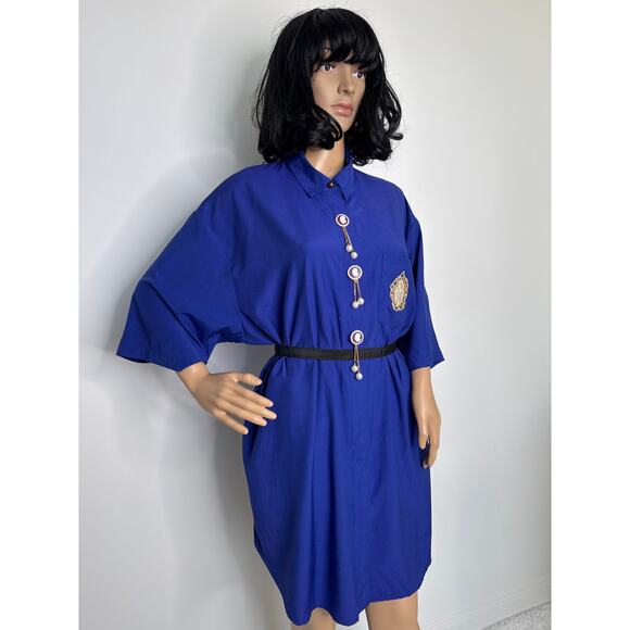 Vintage Gina Royal Blue Cameo Blouse / dress Pearl & Gold Chain Accents Medium - Picture 5 of 16